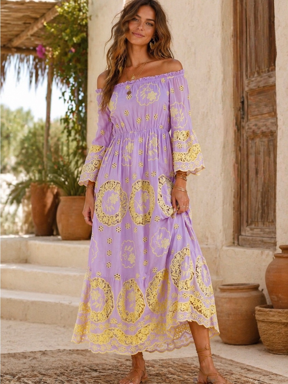 Boho womans Lavender Off-Shoulder Yellow eyelet Lace Trim maxi dress size S-M-L